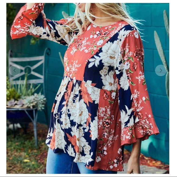 Fabulous Chic Floral Print color block tunic top - Picture 2 of 6